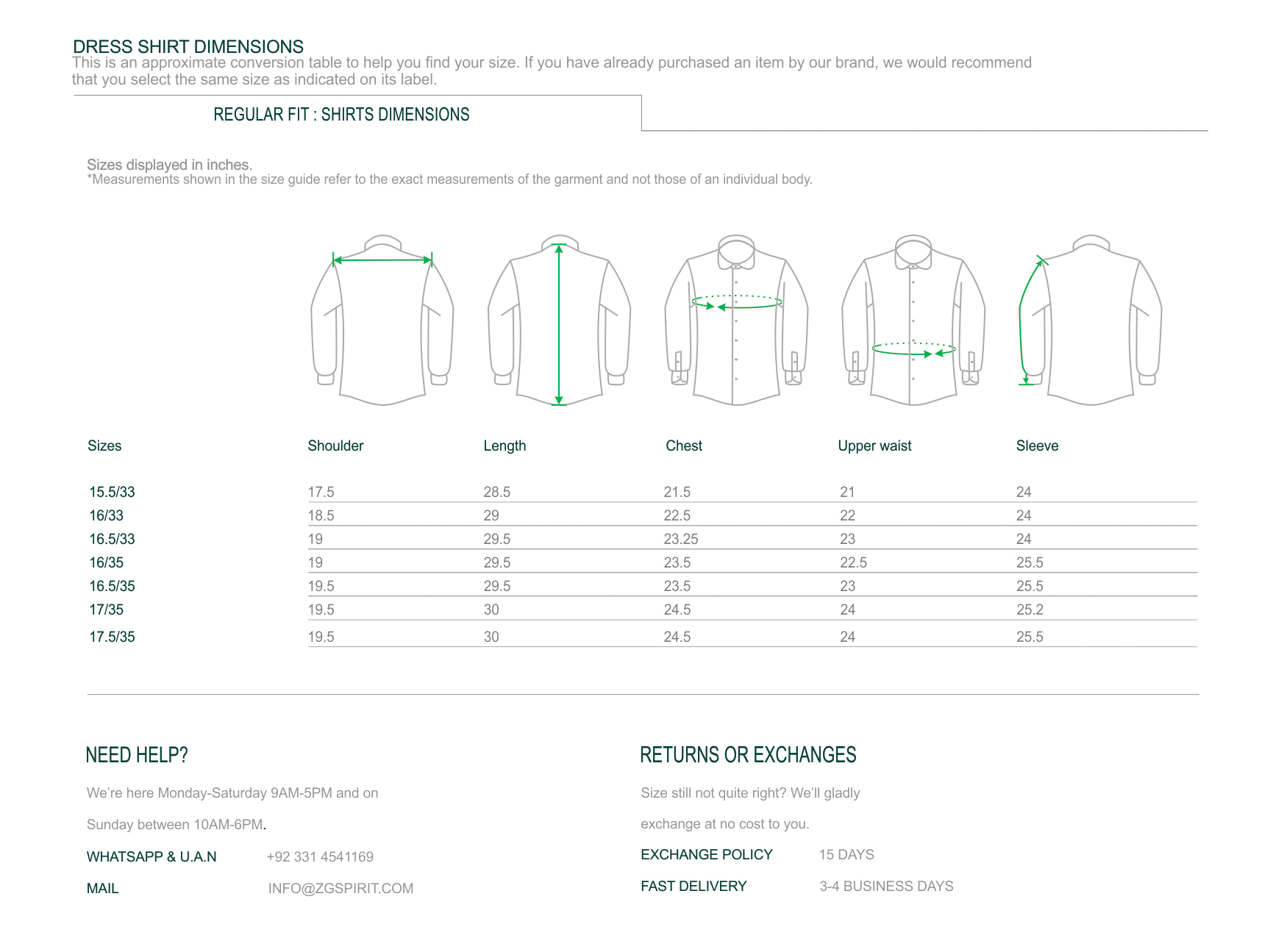 Dress Shirt Dimensions